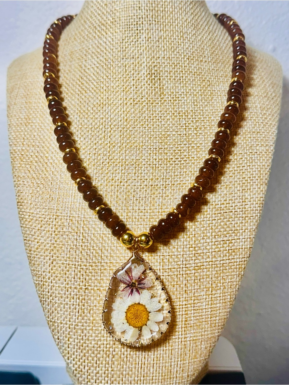 Brown Beaded Necklace with Dried Daisy Teardrop Pendant